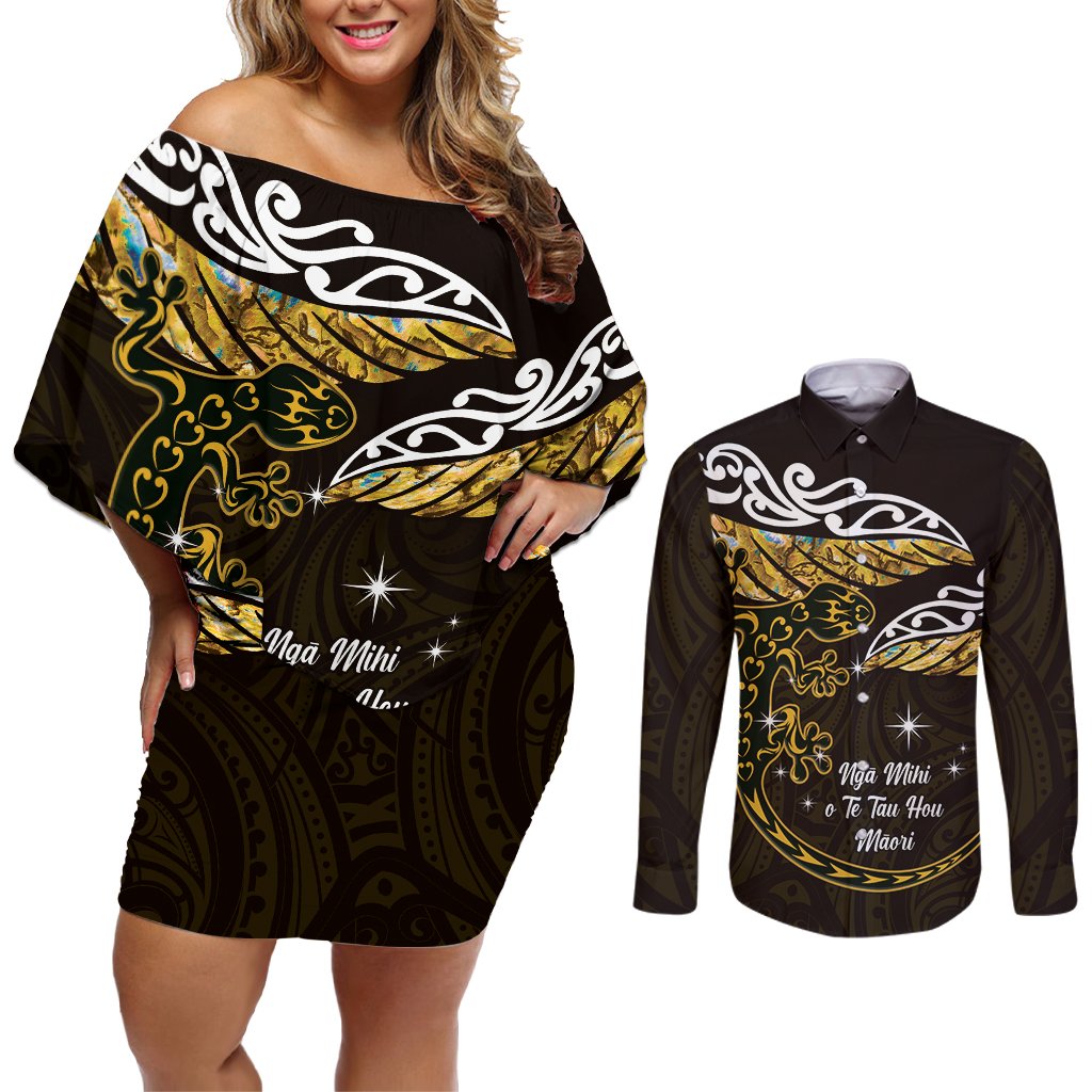 New Zealand Matariki Couples Matching Off Shoulder Short Dress and Long Sleeve Button Shirt Maori New Year Silver Fern And Lizard - Gold LT14 Gold - Polynesian Pride