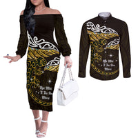 New Zealand Matariki Couples Matching Off The Shoulder Long Sleeve Dress and Long Sleeve Button Shirt Maori New Year Silver Fern And Lizard - Gold LT14 Gold - Polynesian Pride