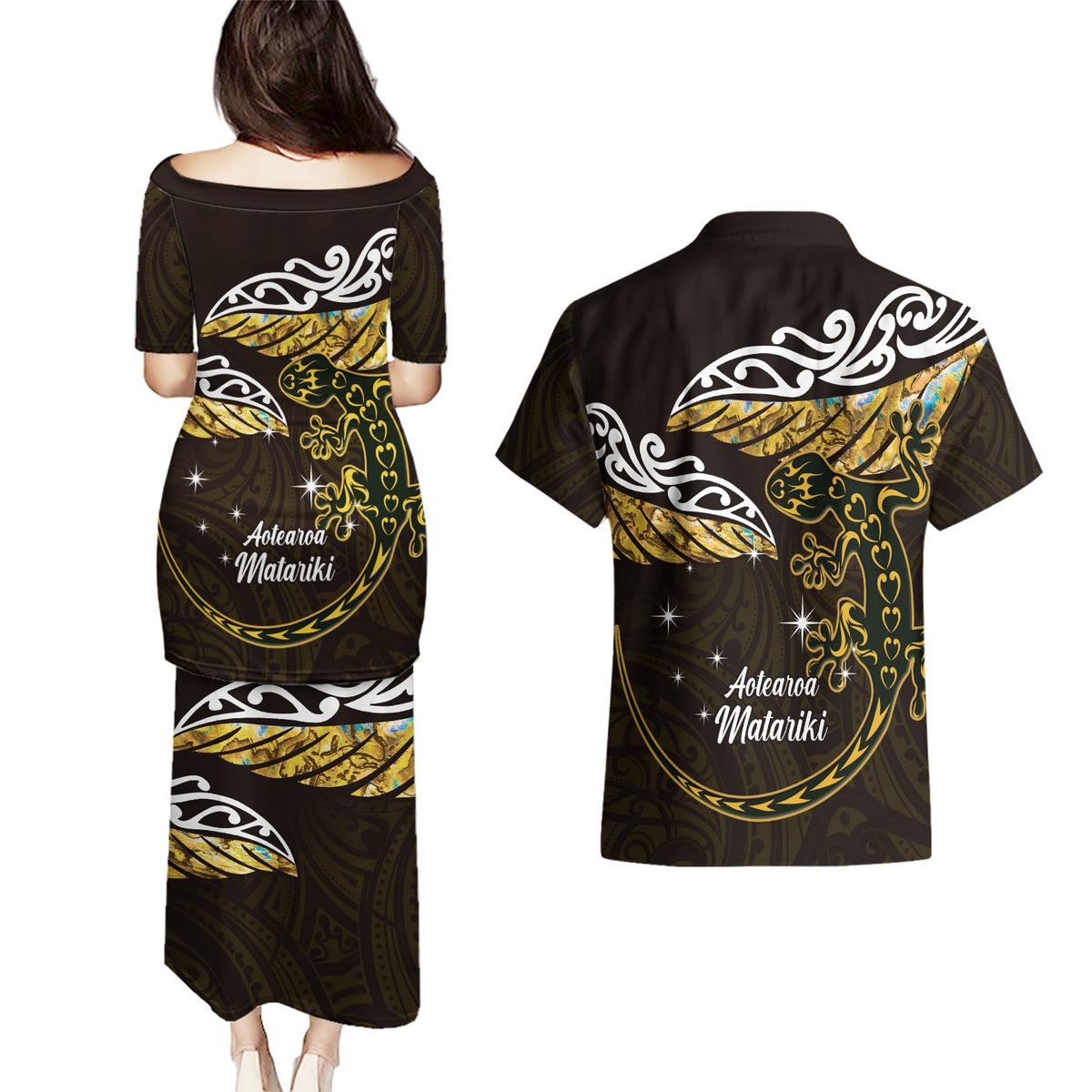 New Zealand Matariki Couples Matching Puletasi and Hawaiian Shirt Maori New Year Silver Fern And Lizard - Gold LT14 - Polynesian Pride