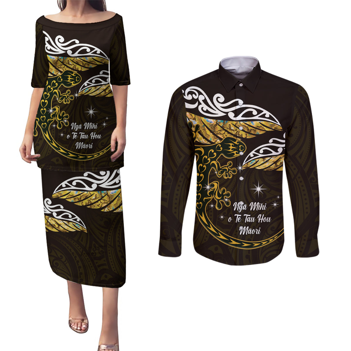 New Zealand Matariki Couples Matching Puletasi and Long Sleeve Button Shirt Maori New Year Silver Fern And Lizard - Gold LT14 Gold - Polynesian Pride