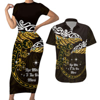 New Zealand Matariki Couples Matching Short Sleeve Bodycon Dress and Hawaiian Shirt Maori New Year Silver Fern And Lizard - Gold LT14 Gold - Polynesian Pride
