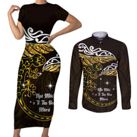 New Zealand Matariki Couples Matching Short Sleeve Bodycon Dress and Long Sleeve Button Shirt Maori New Year Silver Fern And Lizard - Gold LT14 Gold - Polynesian Pride