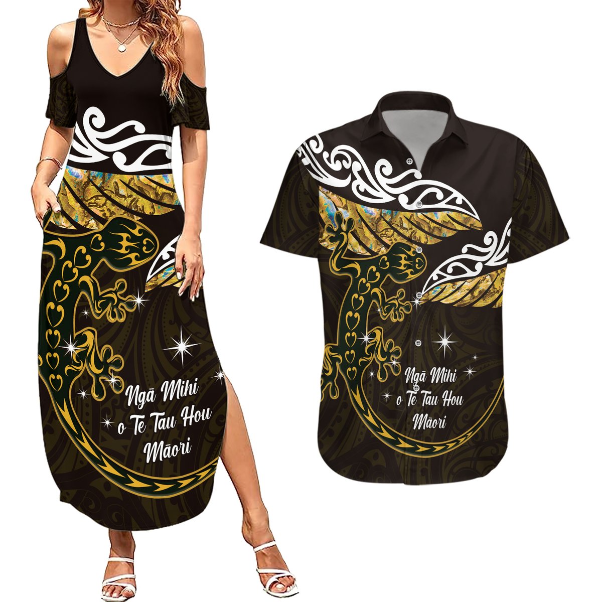 New Zealand Matariki Couples Matching Summer Maxi Dress and Hawaiian Shirt Maori New Year Silver Fern And Lizard - Gold LT14 Gold - Polynesian Pride