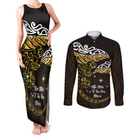 New Zealand Matariki Couples Matching Tank Maxi Dress and Long Sleeve Button Shirt Maori New Year Silver Fern And Lizard - Gold LT14 Gold - Polynesian Pride