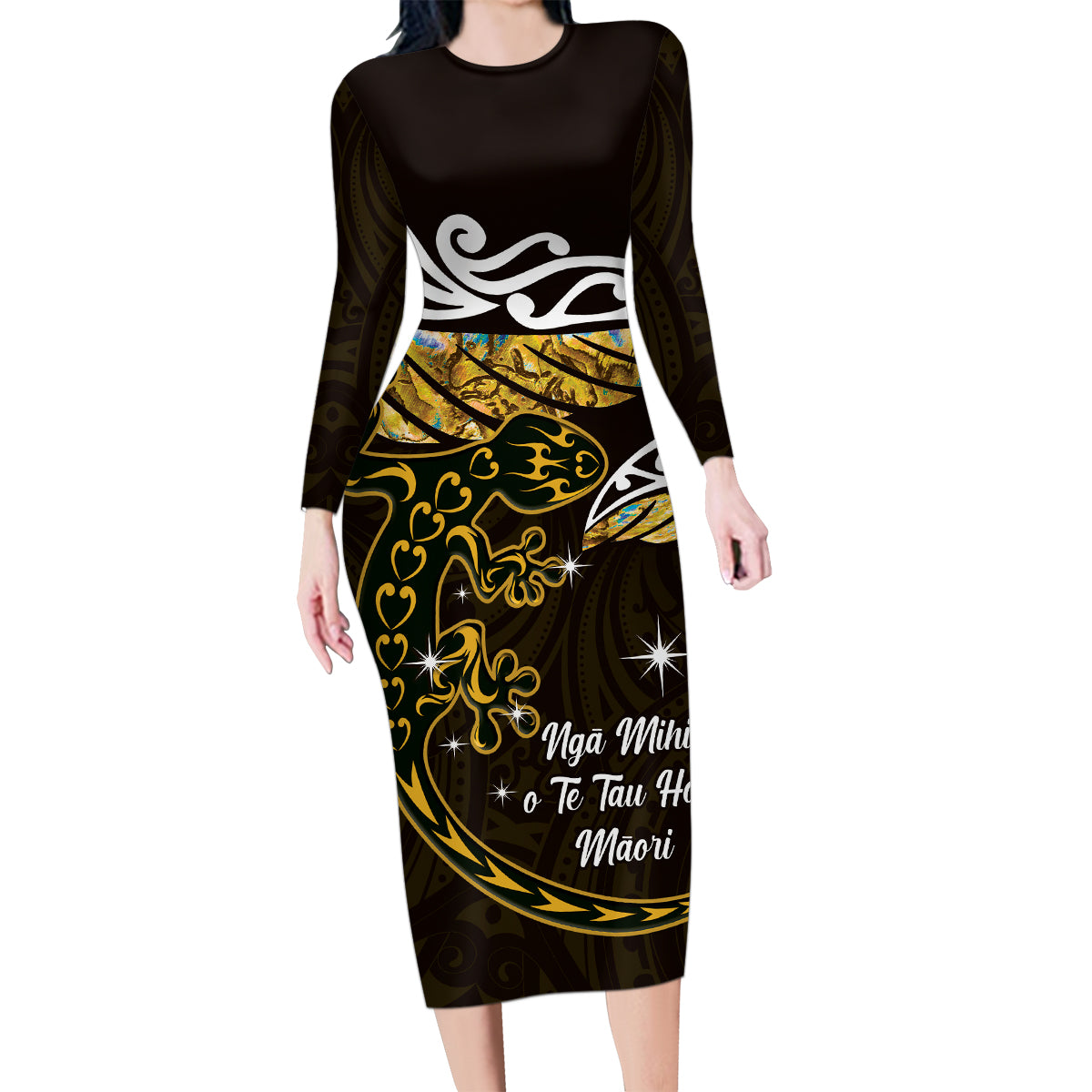 New Zealand Matariki Family Matching Long Sleeve Bodycon Dress and Hawaiian Shirt Maori New Year Silver Fern And Lizard - Gold LT14 Mom's Dress Gold - Polynesian Pride