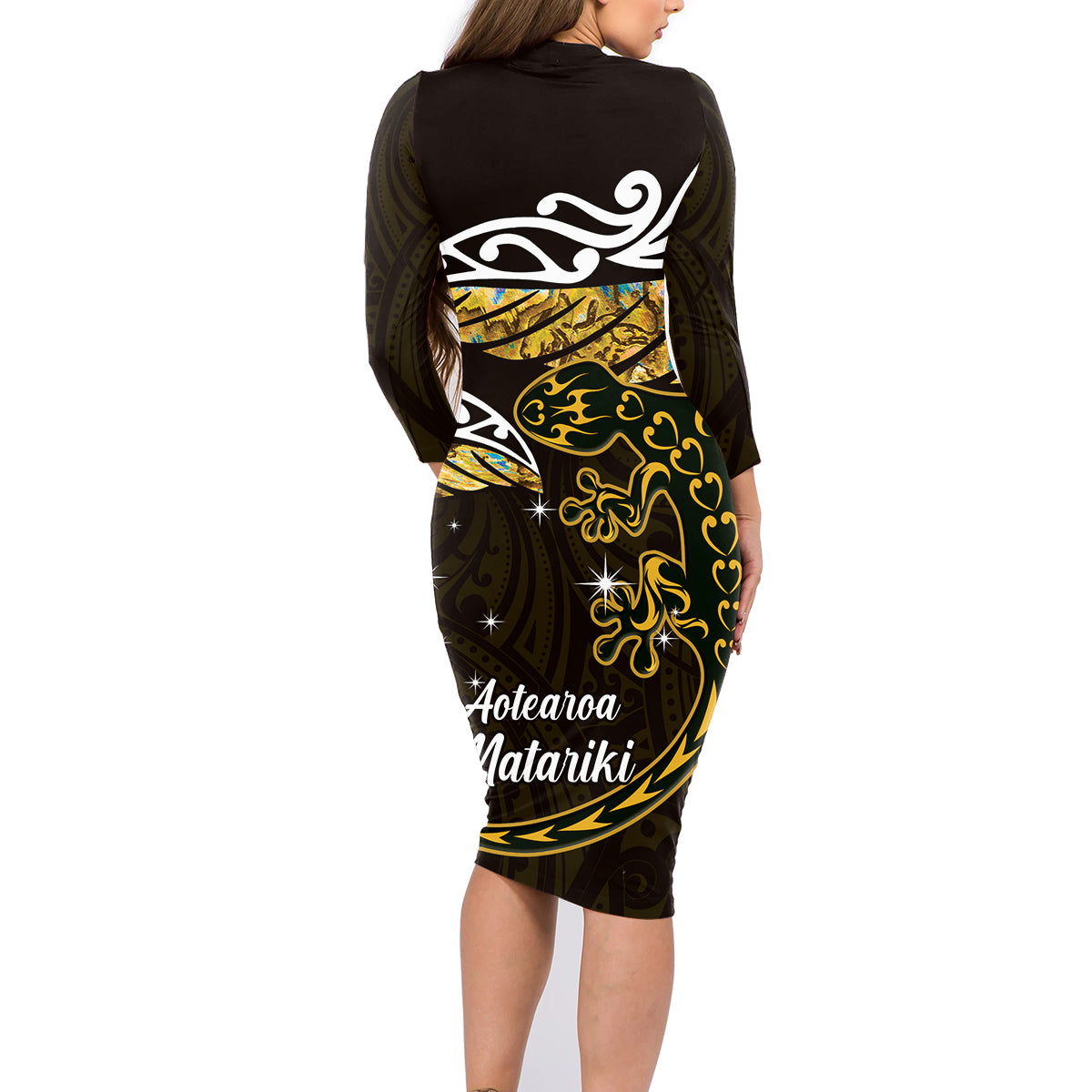 New Zealand Matariki Family Matching Long Sleeve Bodycon Dress and Hawaiian Shirt Maori New Year Silver Fern And Lizard - Gold LT14 - Polynesian Pride