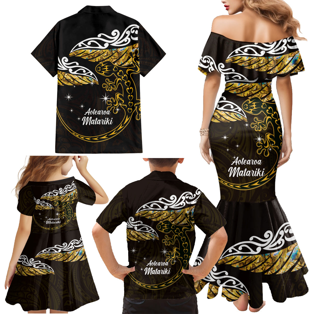 New Zealand Matariki Family Matching Mermaid Dress and Hawaiian Shirt Maori New Year Silver Fern And Lizard - Gold LT14 - Polynesian Pride
