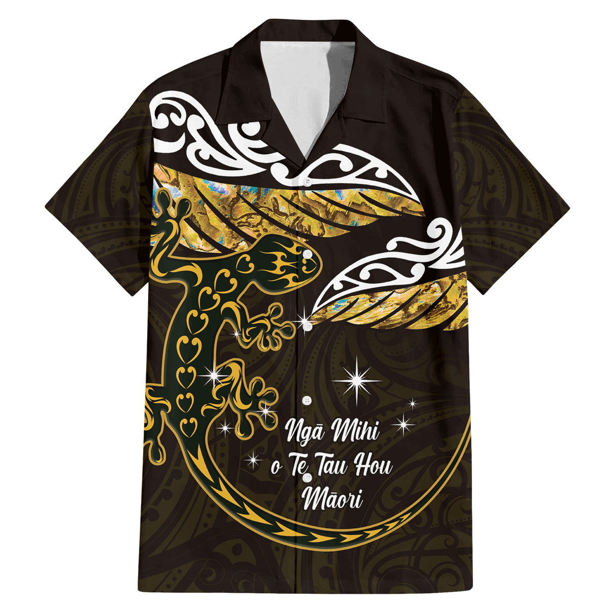 New Zealand Matariki Family Matching Mermaid Dress and Hawaiian Shirt Maori New Year Silver Fern And Lizard - Gold LT14 Dad's Shirt - Short Sleeve Gold - Polynesian Pride