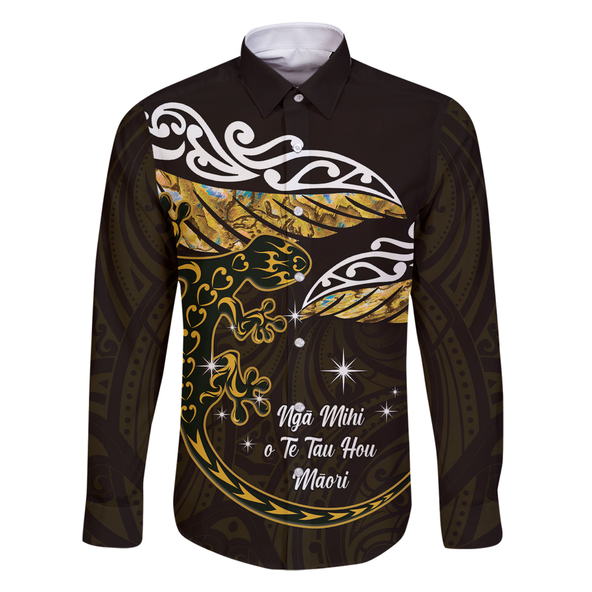 New Zealand Matariki Family Matching Mermaid Dress and Hawaiian Shirt Maori New Year Silver Fern And Lizard - Gold LT14 Dad's Shirt - Long Sleeve Gold - Polynesian Pride