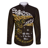 New Zealand Matariki Family Matching Mermaid Dress and Hawaiian Shirt Maori New Year Silver Fern And Lizard - Gold LT14 Dad's Shirt - Long Sleeve Gold - Polynesian Pride