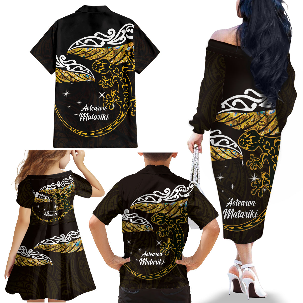New Zealand Matariki Family Matching Off The Shoulder Long Sleeve Dress and Hawaiian Shirt Maori New Year Silver Fern And Lizard - Gold LT14 - Polynesian Pride