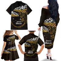 New Zealand Matariki Family Matching Off The Shoulder Long Sleeve Dress and Hawaiian Shirt Maori New Year Silver Fern And Lizard - Gold LT14 - Polynesian Pride