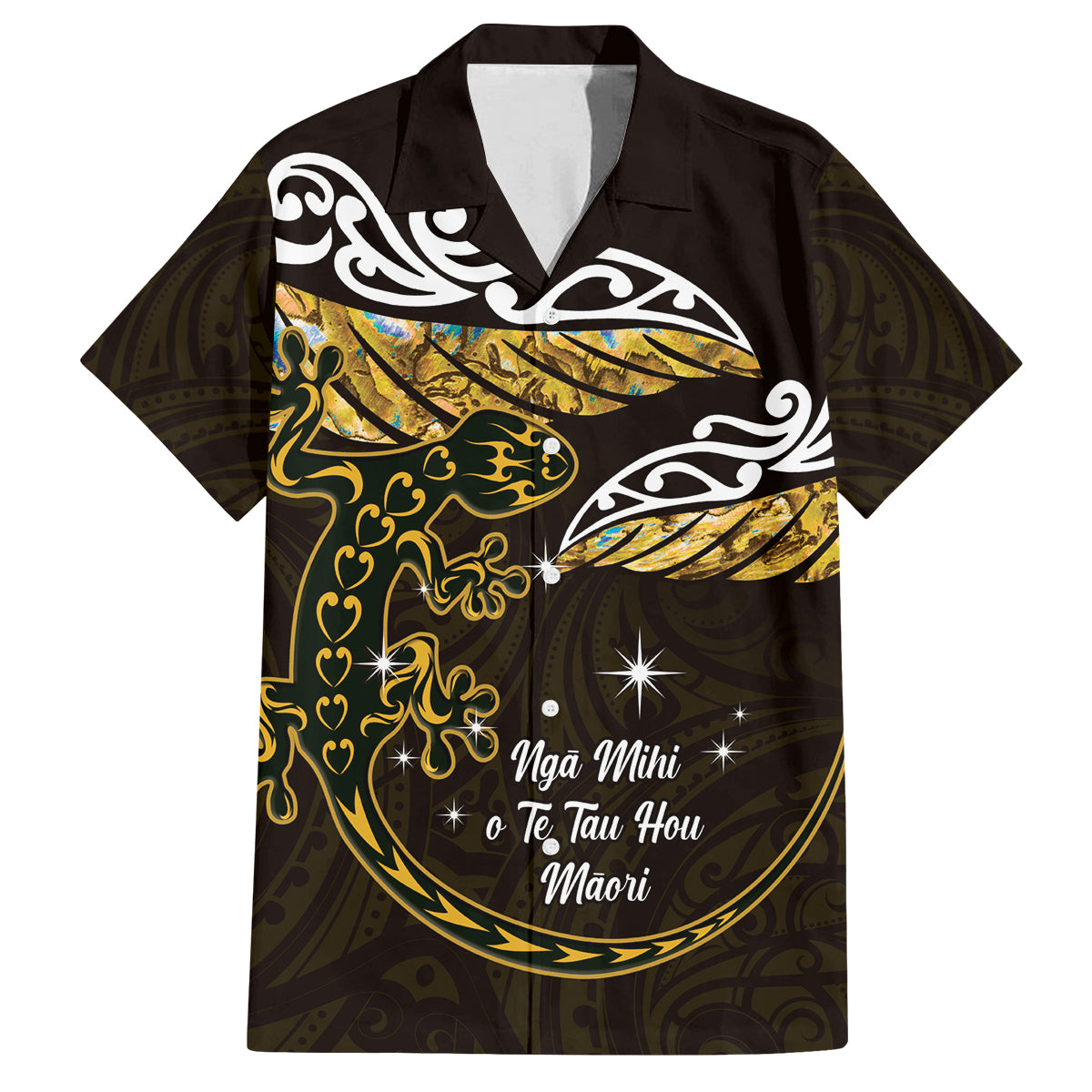 New Zealand Matariki Family Matching Off The Shoulder Long Sleeve Dress and Hawaiian Shirt Maori New Year Silver Fern And Lizard - Gold LT14 Dad's Shirt - Short Sleeve Gold - Polynesian Pride