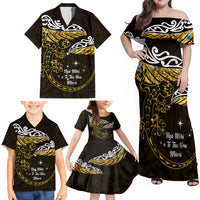 New Zealand Matariki Family Matching Off Shoulder Maxi Dress and Hawaiian Shirt Maori New Year Silver Fern And Lizard - Gold LT14 - Polynesian Pride