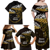 New Zealand Matariki Family Matching Off Shoulder Maxi Dress and Hawaiian Shirt Maori New Year Silver Fern And Lizard - Gold LT14 - Polynesian Pride