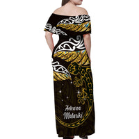 New Zealand Matariki Family Matching Off Shoulder Maxi Dress and Hawaiian Shirt Maori New Year Silver Fern And Lizard - Gold LT14 - Polynesian Pride