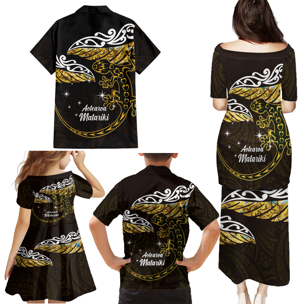 New Zealand Matariki Family Matching Puletasi and Hawaiian Shirt Maori New Year Silver Fern And Lizard - Gold LT14 - Polynesian Pride