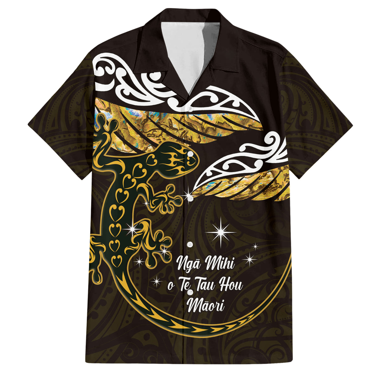 New Zealand Matariki Family Matching Short Sleeve Bodycon Dress and Hawaiian Shirt Maori New Year Silver Fern And Lizard - Gold LT14 Dad's Shirt - Short Sleeve Gold - Polynesian Pride