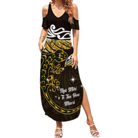 New Zealand Matariki Family Matching Summer Maxi Dress and Hawaiian Shirt Maori New Year Silver Fern And Lizard - Gold LT14 Mom's Dress Gold - Polynesian Pride