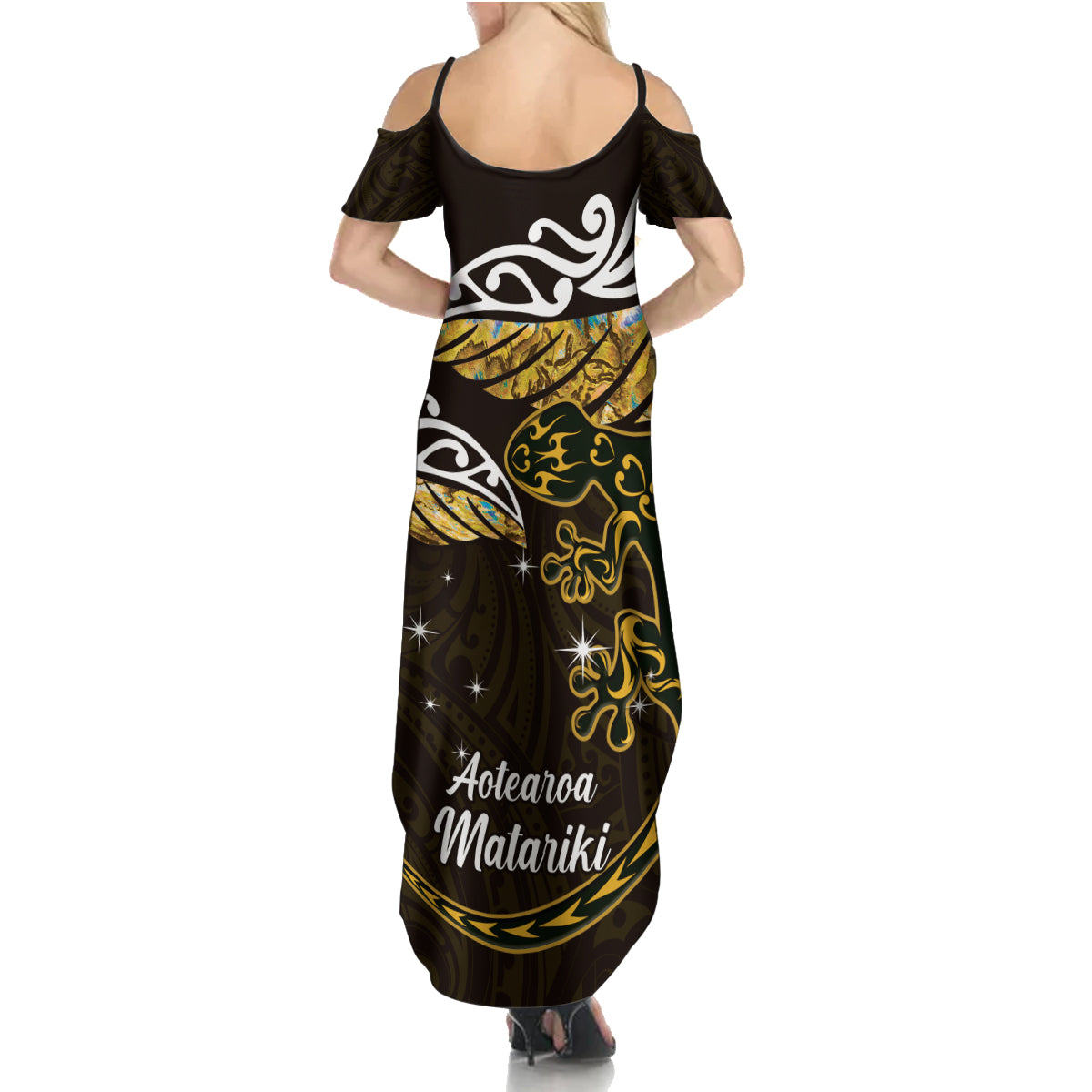 New Zealand Matariki Family Matching Summer Maxi Dress and Hawaiian Shirt Maori New Year Silver Fern And Lizard - Gold LT14 - Polynesian Pride