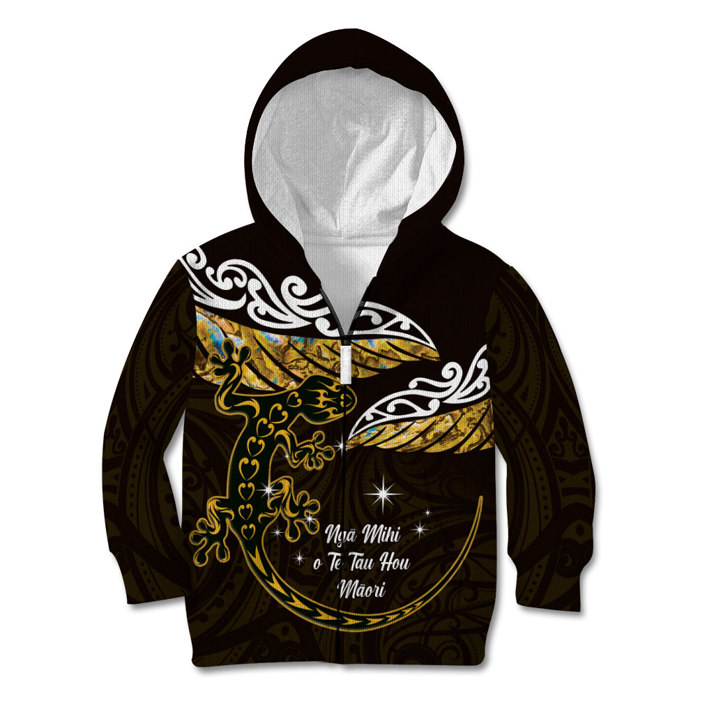 New Zealand Matariki Kid Hoodie Maori New Year Silver Fern And Lizard - Gold LT14 Zip Hoodie Gold - Polynesian Pride