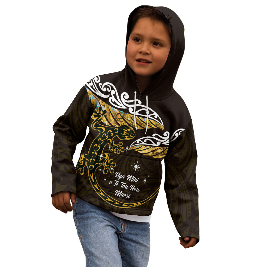 New Zealand Matariki Kid Hoodie Maori New Year Silver Fern And Lizard - Gold LT14 - Polynesian Pride