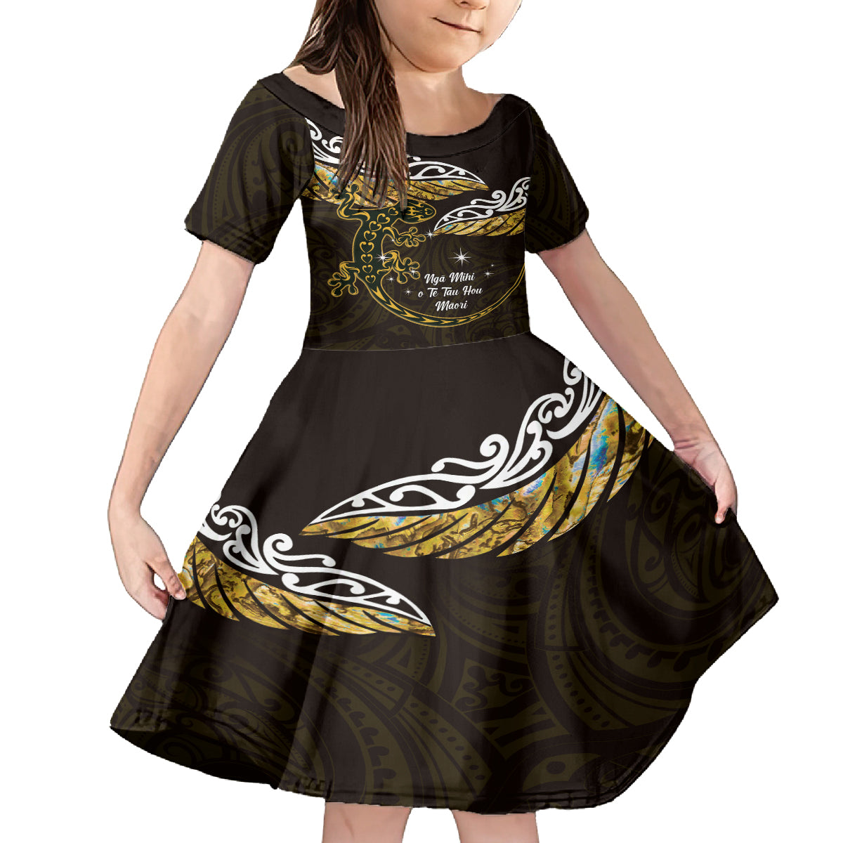 New Zealand Matariki Kid Short Sleeve Dress Maori New Year Silver Fern And Lizard - Gold LT14 KID Gold - Polynesian Pride