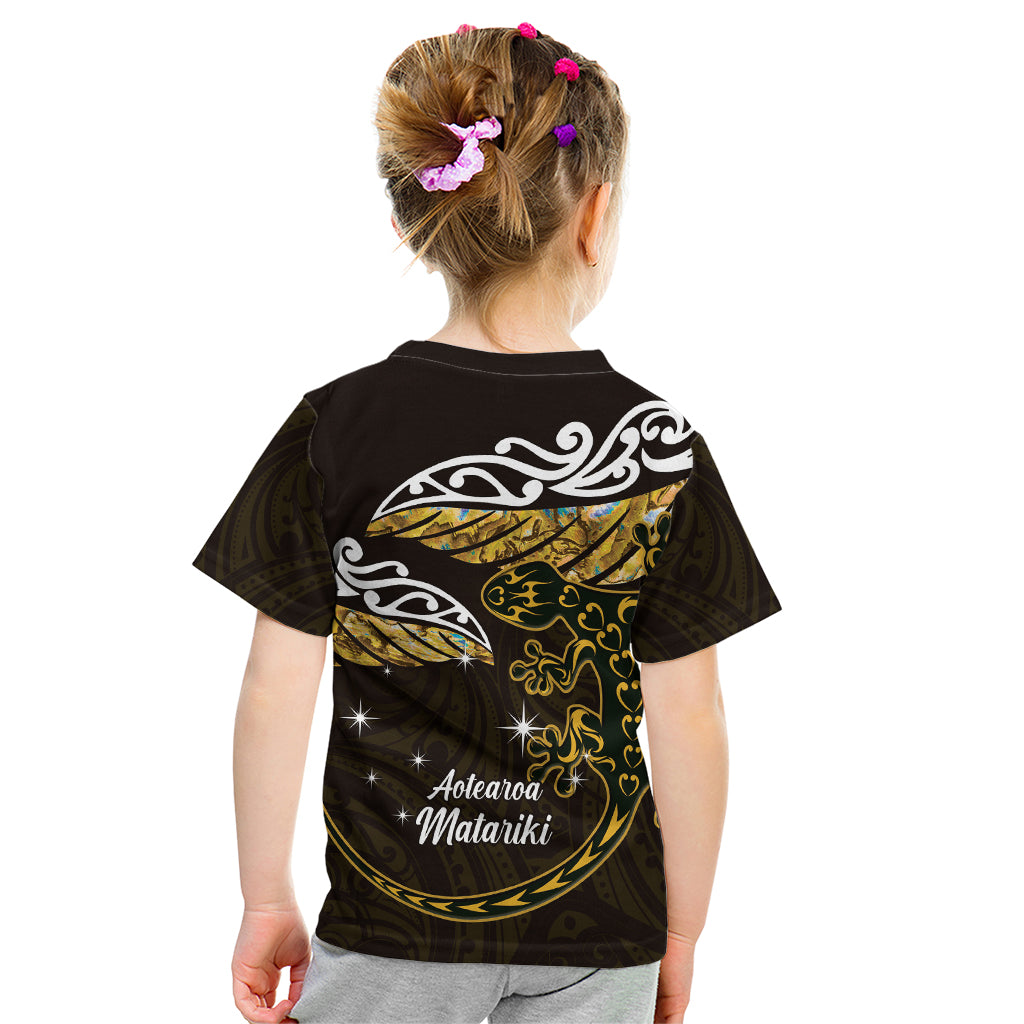 New Zealand Matariki Kid T Shirt Maori New Year Silver Fern And Lizard - Gold LT14 - Polynesian Pride