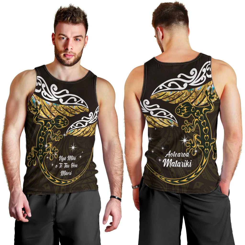 New Zealand Matariki Men Tank Top Maori New Year Silver Fern And Lizard - Gold LT14 - Polynesian Pride