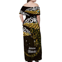 New Zealand Matariki Off Shoulder Maxi Dress Maori New Year Silver Fern And Lizard - Gold LT14 - Polynesian Pride
