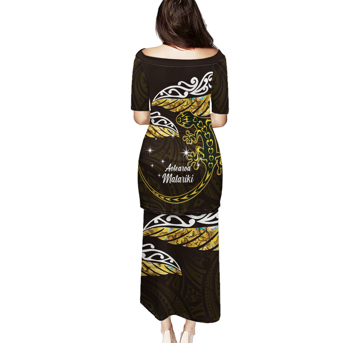 New Zealand Matariki Puletasi Maori New Year Silver Fern And Lizard - Gold LT14 - Polynesian Pride