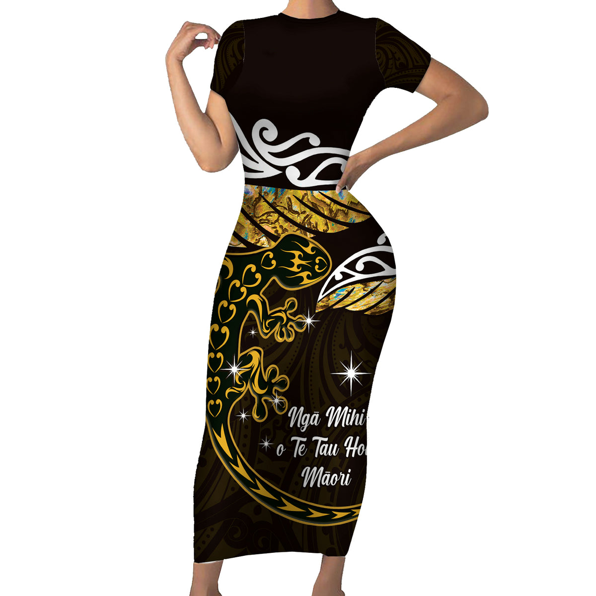 New Zealand Matariki Short Sleeve Bodycon Dress Maori New Year Silver Fern And Lizard - Gold LT14 Long Dress Gold - Polynesian Pride
