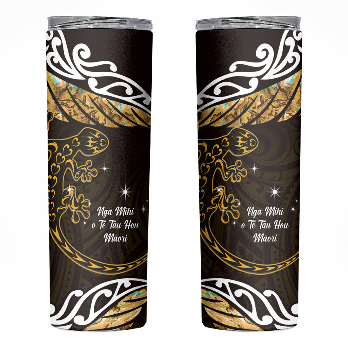 New Zealand Matariki Skinny Tumbler Maori New Year Silver Fern And Lizard - Gold LT14 Gold - Polynesian Pride