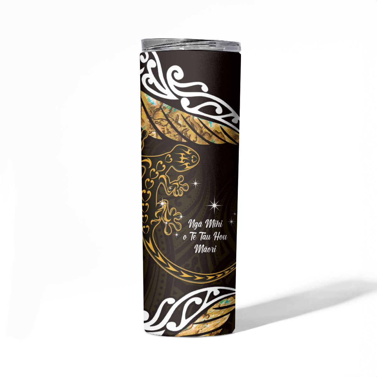 New Zealand Matariki Skinny Tumbler Maori New Year Silver Fern And Lizard - Gold LT14 - Polynesian Pride