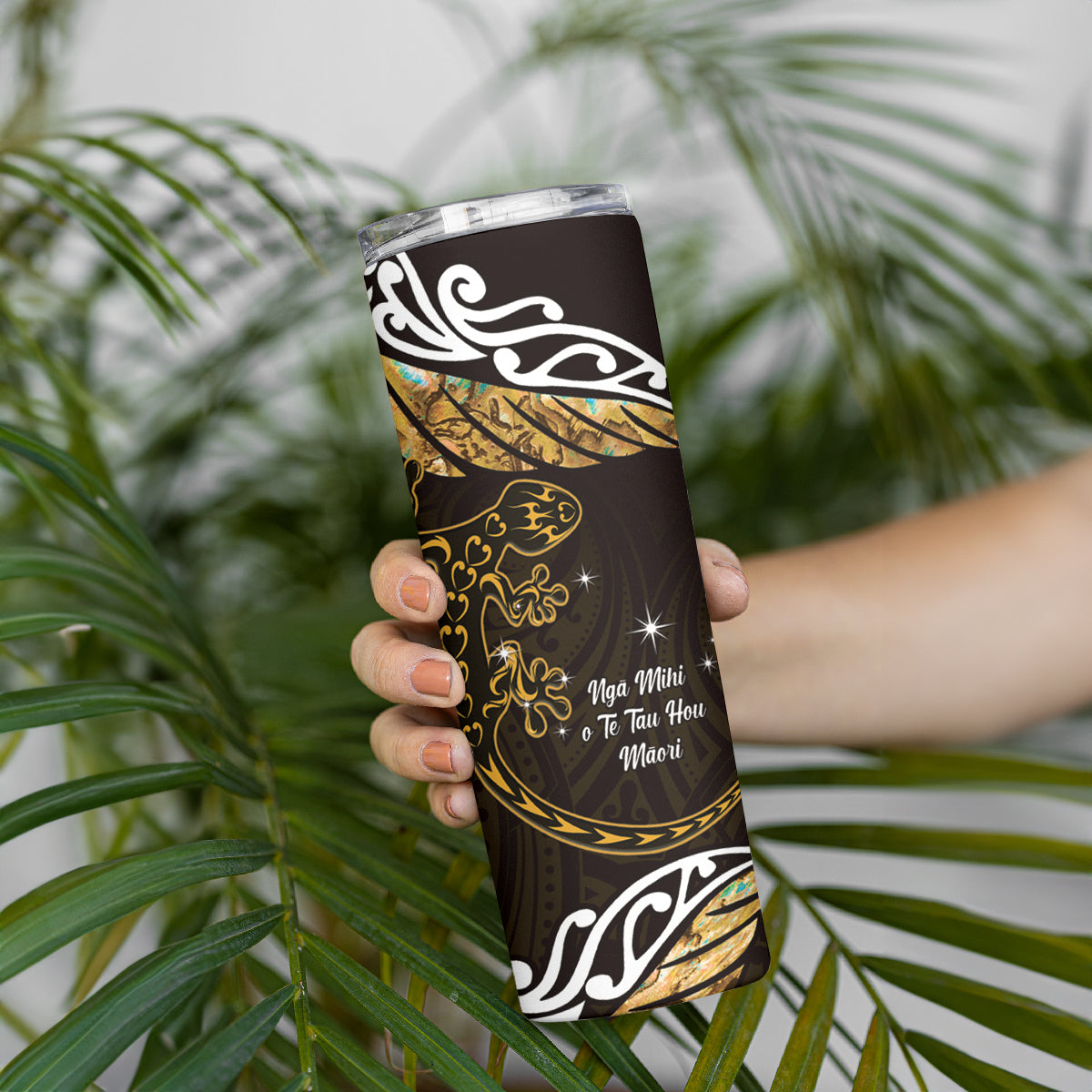 New Zealand Matariki Skinny Tumbler Maori New Year Silver Fern And Lizard - Gold LT14 - Polynesian Pride