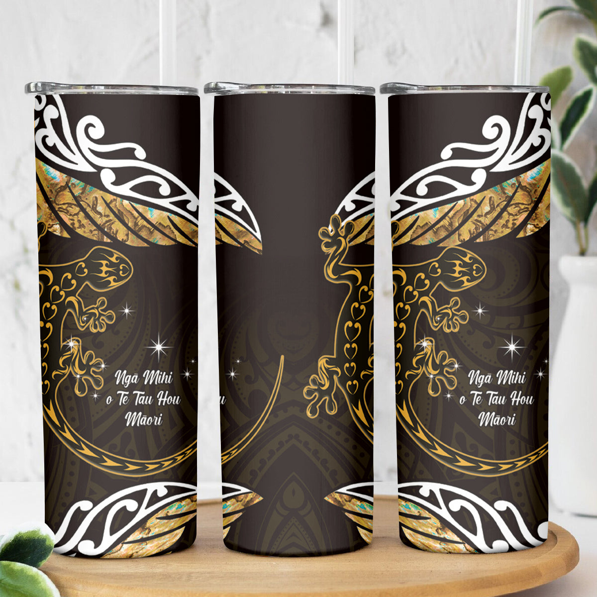 New Zealand Matariki Skinny Tumbler Maori New Year Silver Fern And Lizard - Gold LT14 - Polynesian Pride