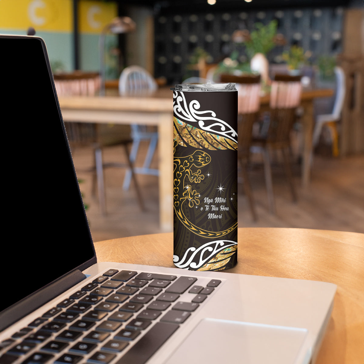 New Zealand Matariki Skinny Tumbler Maori New Year Silver Fern And Lizard - Gold LT14 - Polynesian Pride