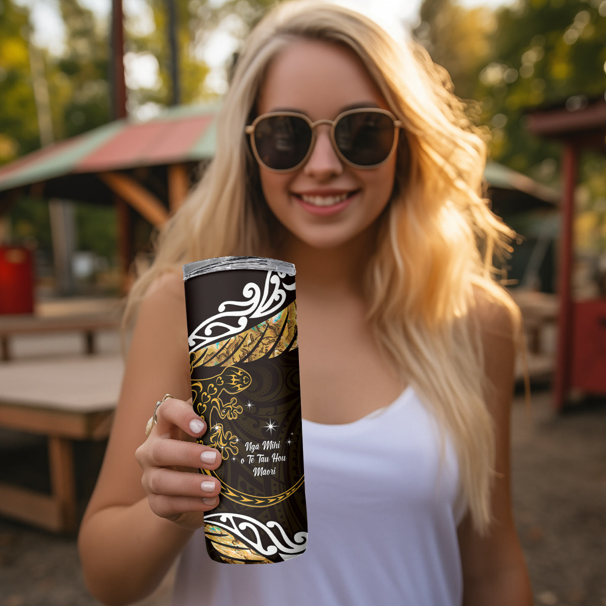 New Zealand Matariki Skinny Tumbler Maori New Year Silver Fern And Lizard - Gold LT14 - Polynesian Pride