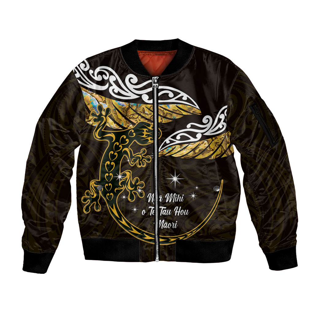 New Zealand Matariki Sleeve Zip Bomber Jacket Maori New Year Silver Fern And Lizard - Gold LT14 Unisex Gold - Polynesian Pride