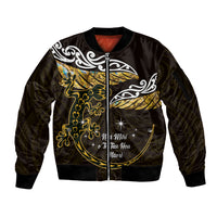 New Zealand Matariki Sleeve Zip Bomber Jacket Maori New Year Silver Fern And Lizard - Gold LT14 Unisex Gold - Polynesian Pride