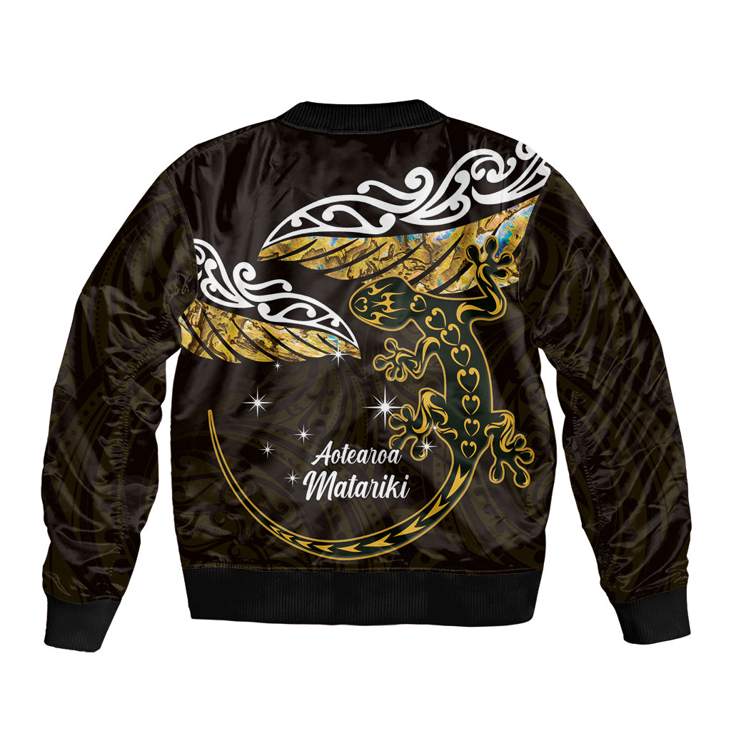 New Zealand Matariki Sleeve Zip Bomber Jacket Maori New Year Silver Fern And Lizard - Gold LT14 - Polynesian Pride