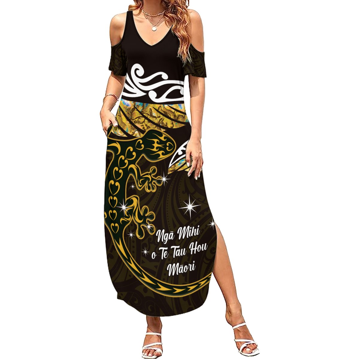 New Zealand Matariki Summer Maxi Dress Maori New Year Silver Fern And Lizard - Gold LT14 Women Gold - Polynesian Pride