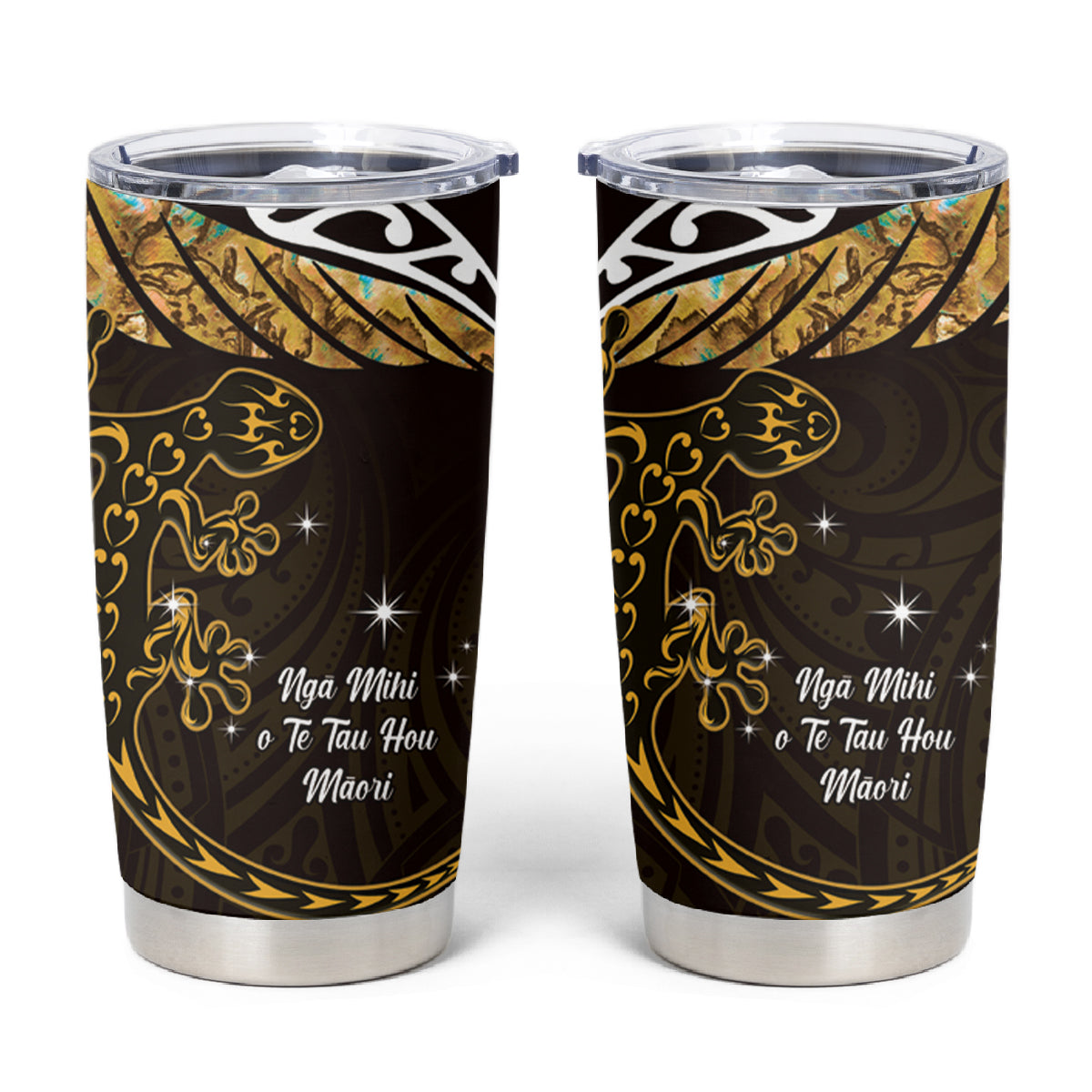 New Zealand Matariki Tumbler Cup Maori New Year Silver Fern And Lizard - Gold LT14 Gold - Polynesian Pride