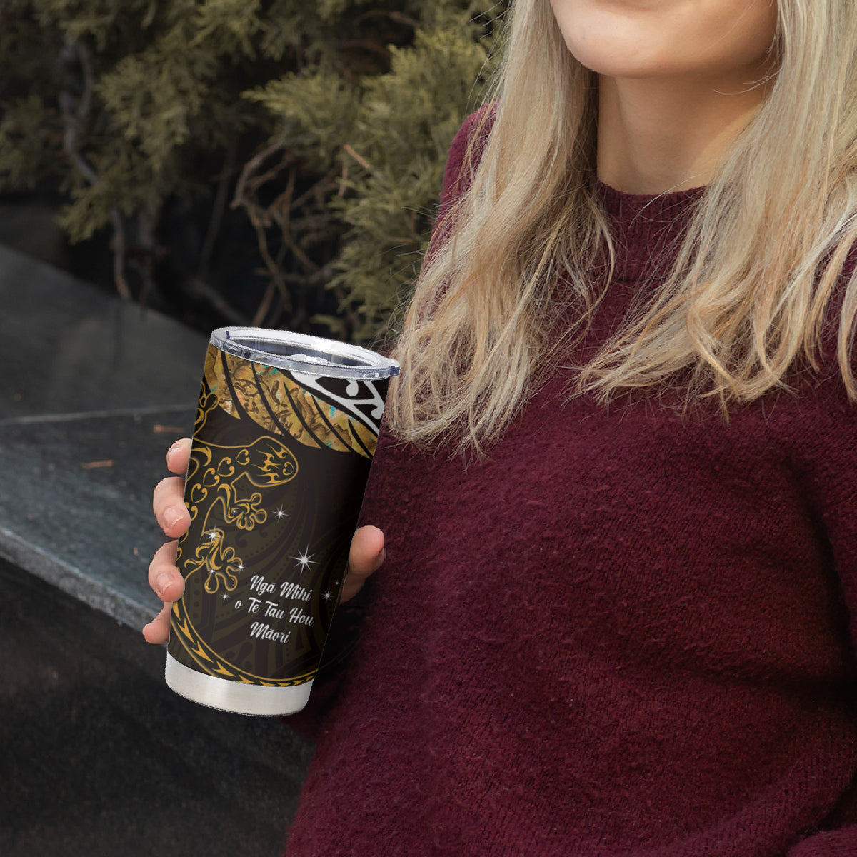 New Zealand Matariki Tumbler Cup Maori New Year Silver Fern And Lizard - Gold LT14 - Polynesian Pride