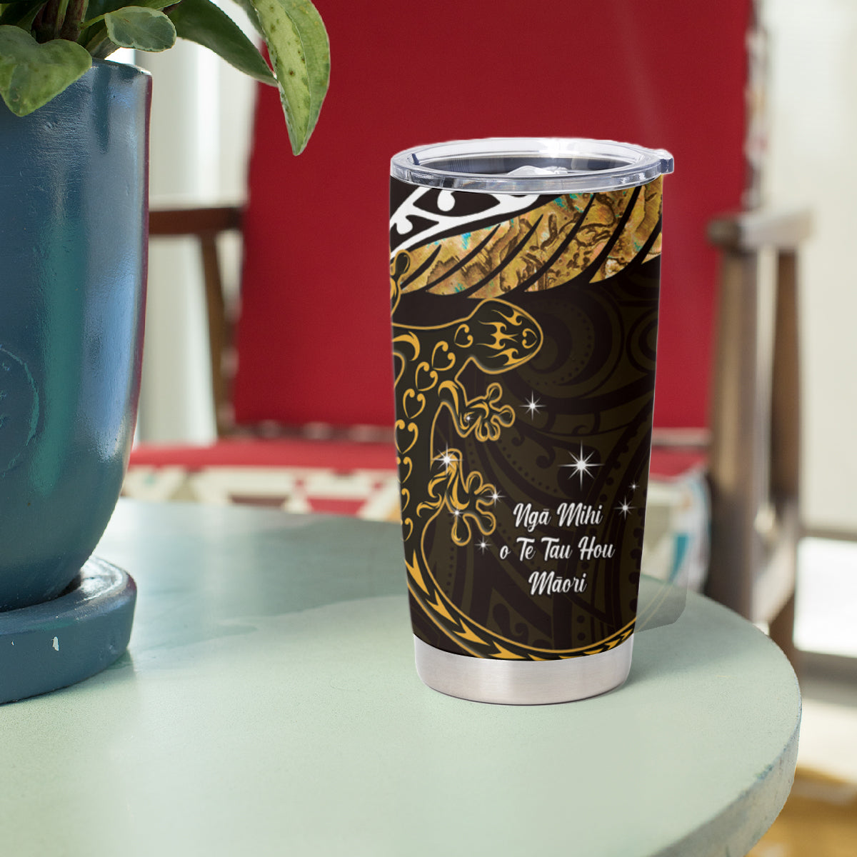 New Zealand Matariki Tumbler Cup Maori New Year Silver Fern And Lizard - Gold LT14 - Polynesian Pride