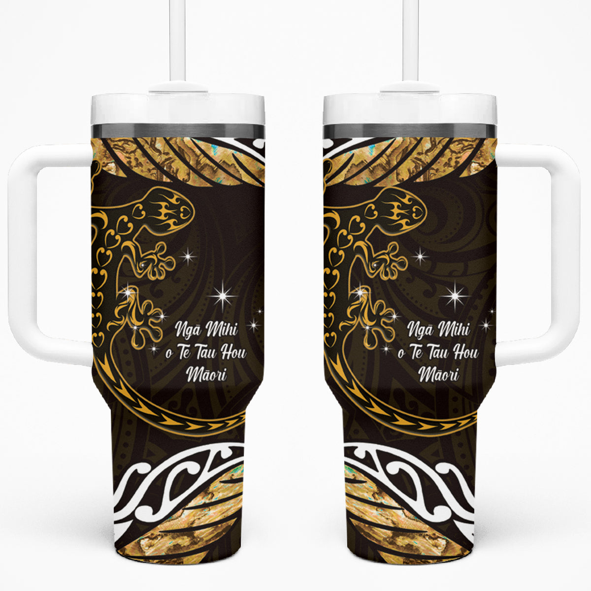 New Zealand Matariki Tumbler With Handle Maori New Year Silver Fern And Lizard - Gold LT14 One Size: 40 oz Gold - Polynesian Pride