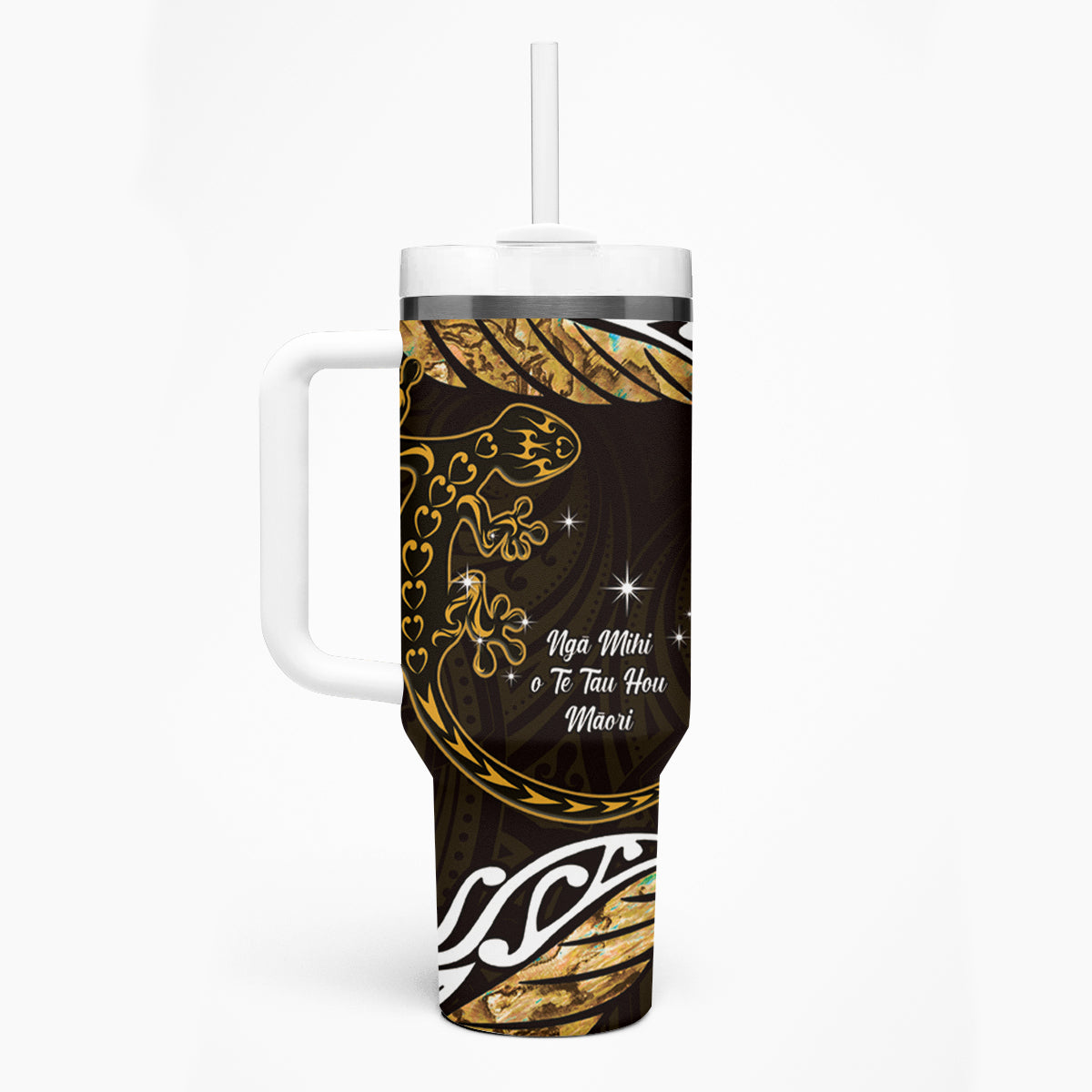 New Zealand Matariki Tumbler With Handle Maori New Year Silver Fern And Lizard - Gold LT14 - Polynesian Pride