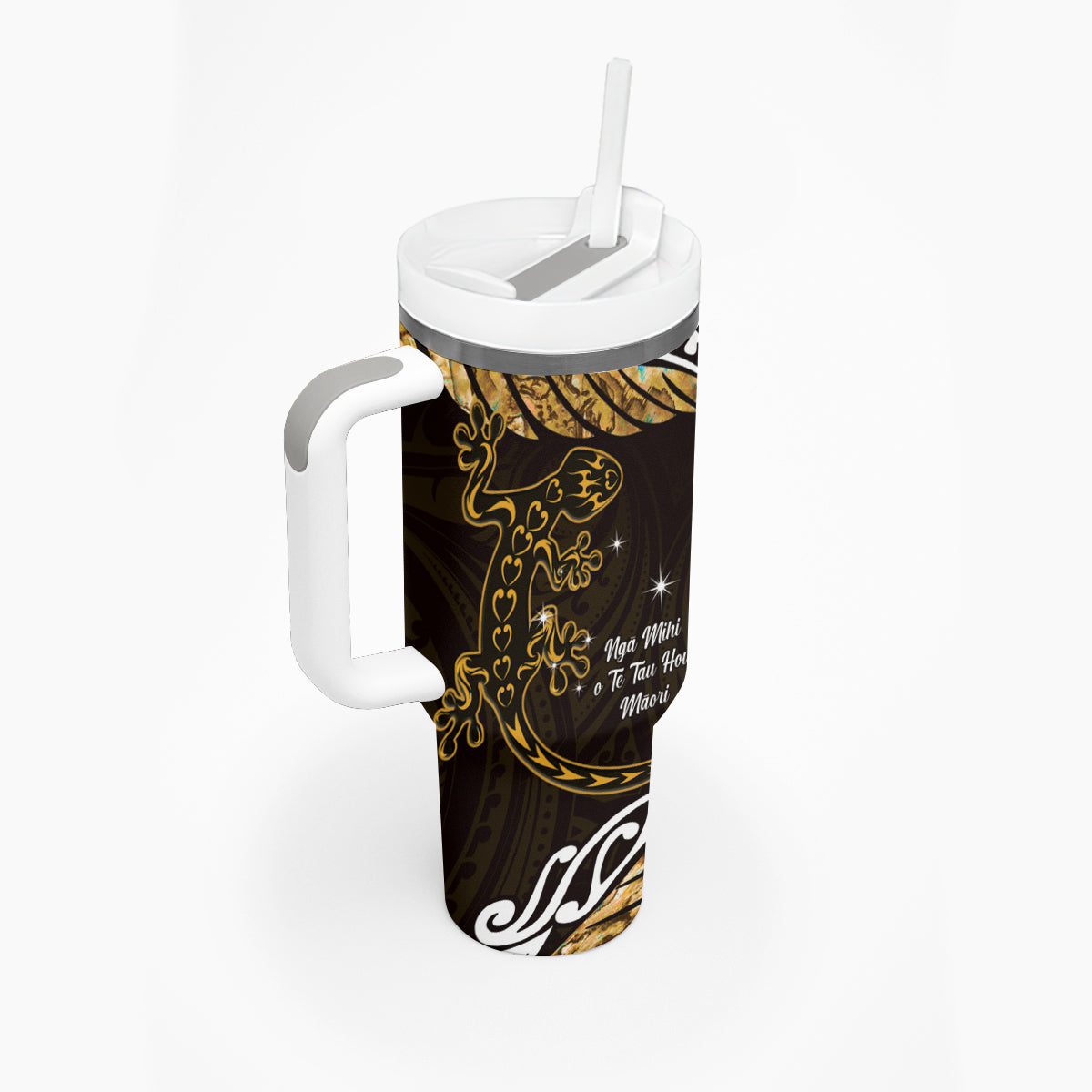 New Zealand Matariki Tumbler With Handle Maori New Year Silver Fern And Lizard - Gold LT14 - Polynesian Pride