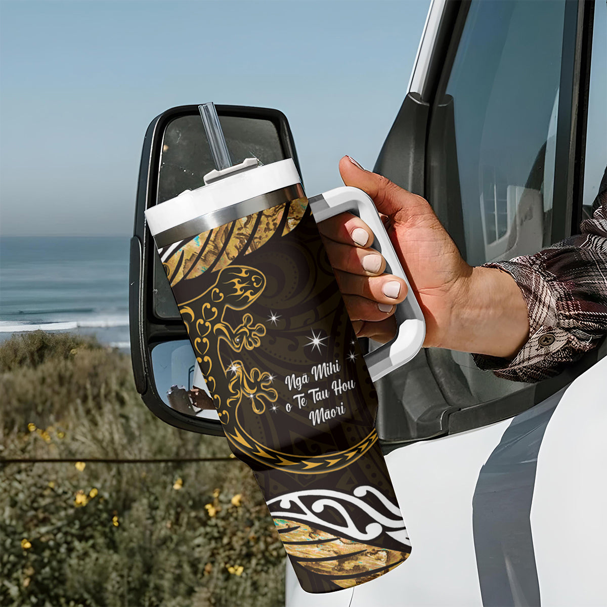 New Zealand Matariki Tumbler With Handle Maori New Year Silver Fern And Lizard - Gold LT14 - Polynesian Pride