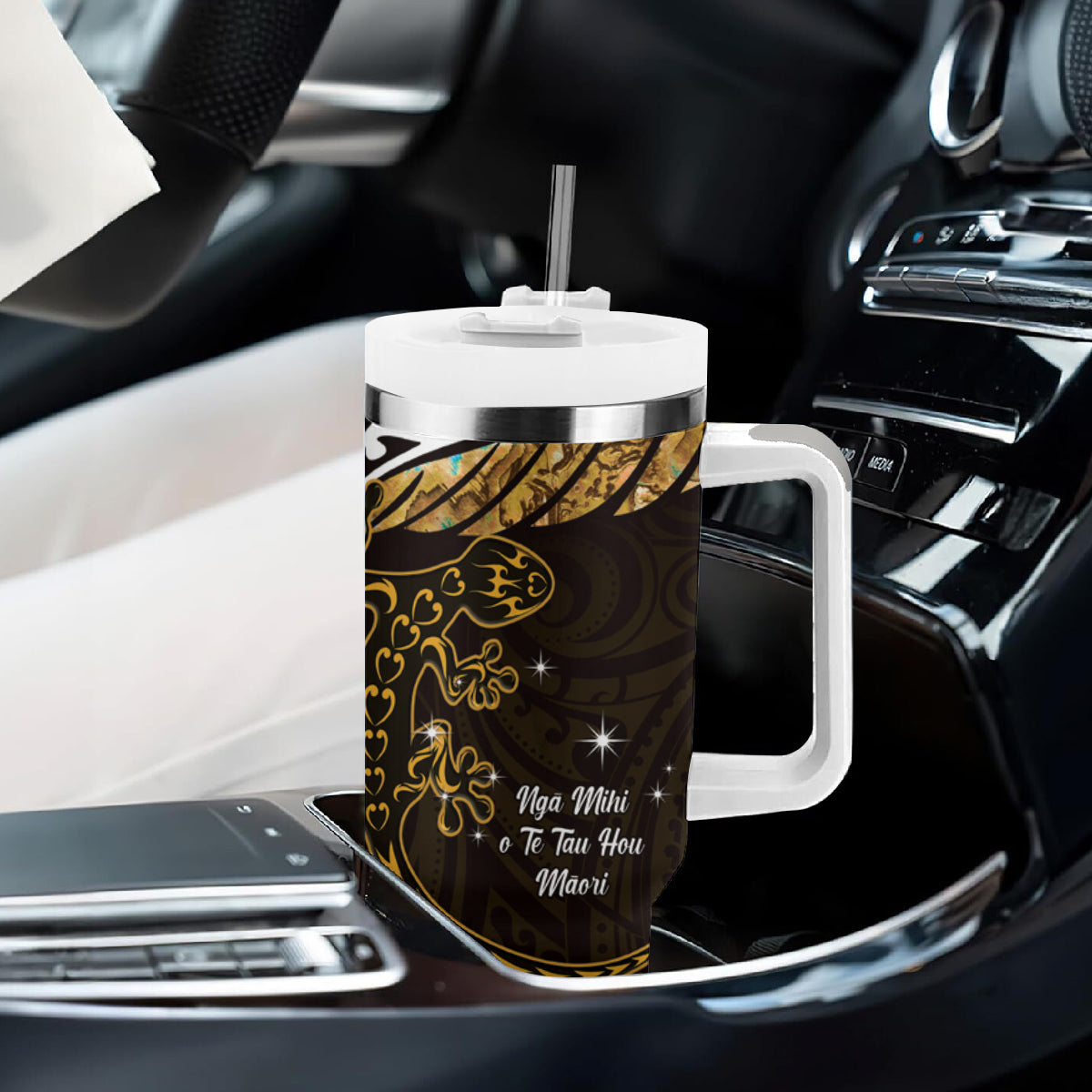 New Zealand Matariki Tumbler With Handle Maori New Year Silver Fern And Lizard - Gold LT14 - Polynesian Pride